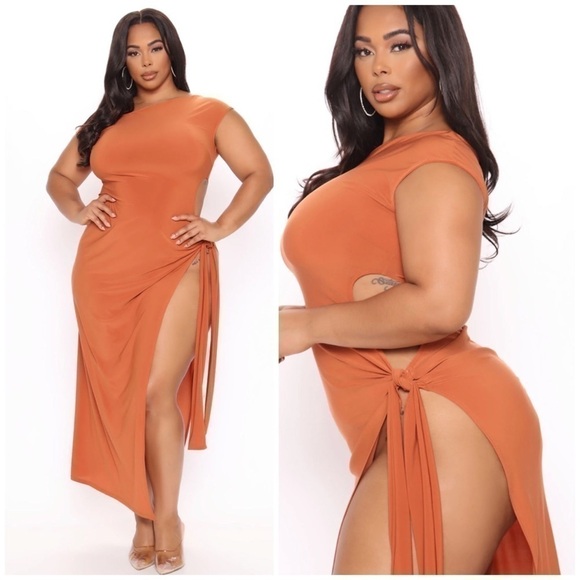 Fashion Nova Burnt Orange Camel Slinky Cutout Bodycon Maxi Dress Plus Size 2X - Picture 1 of 8